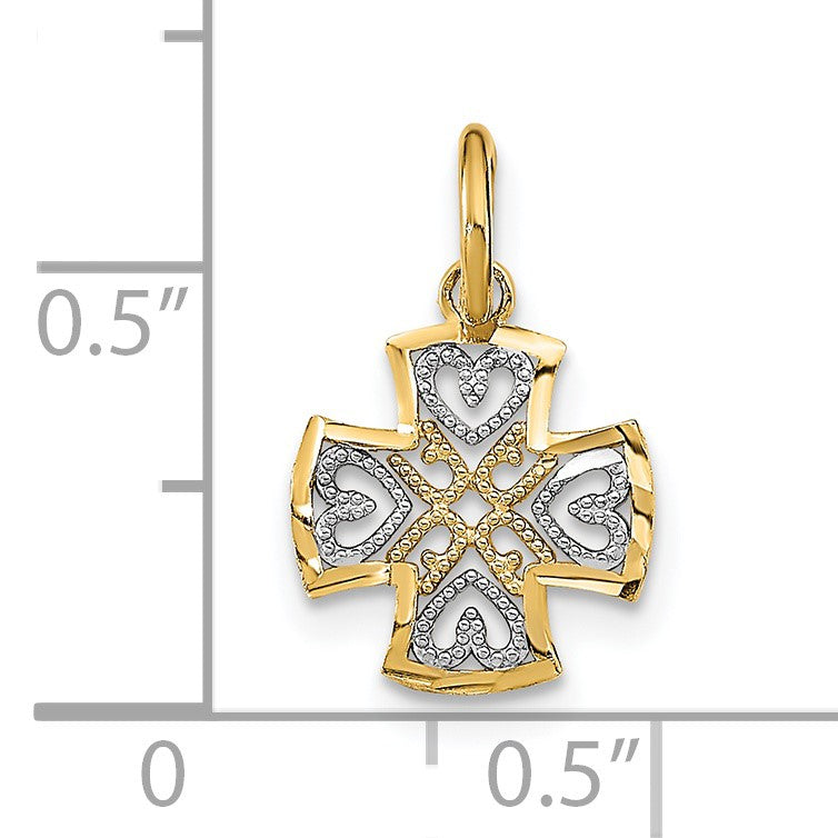 14K and White Rhodium Small Diamond-cut Hearts Maltese Cross Charm