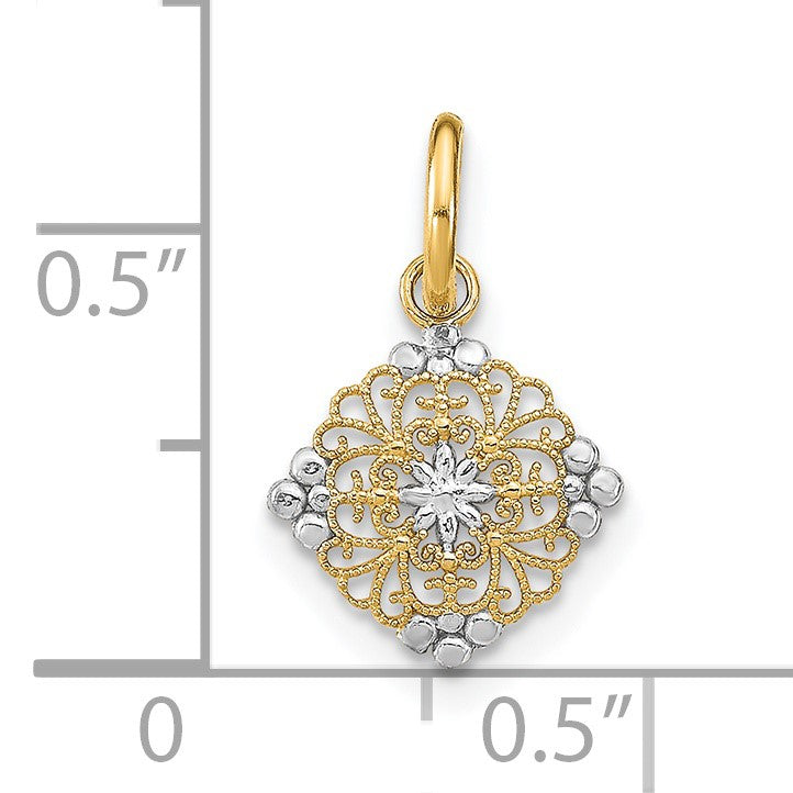 14K and White Rhodium Diamond-cut Mini Filigree Medallion Charm