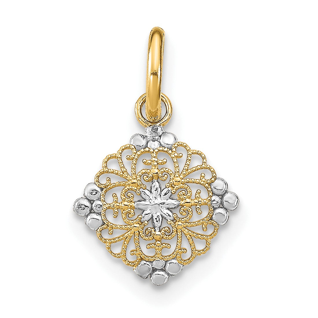 14K and White Rhodium Diamond-cut Mini Filigree Medallion Charm