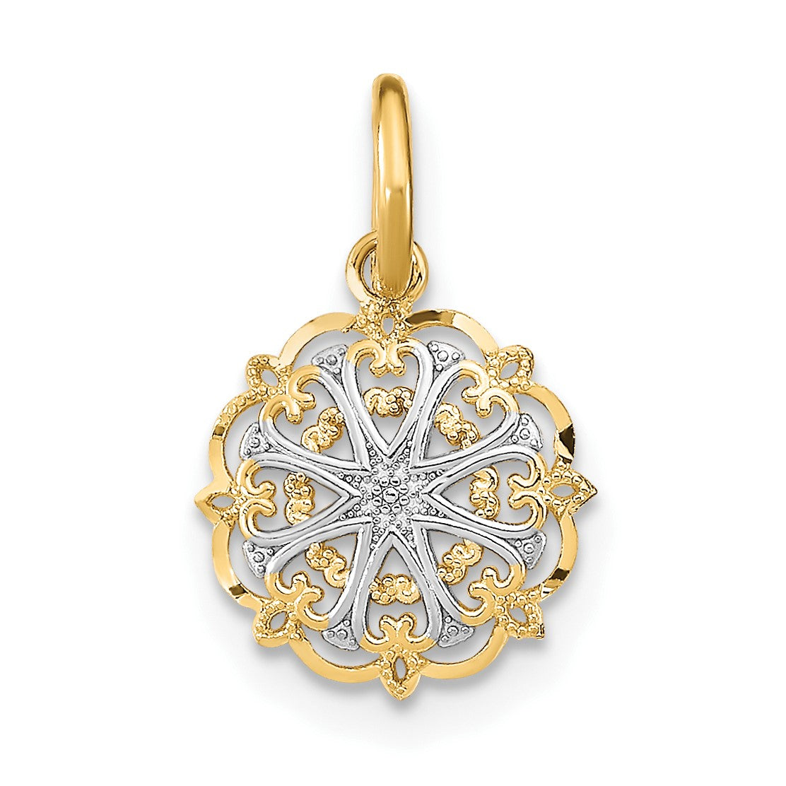 14K and White Rhodium Filigree Hearts Charm