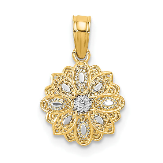 14K and White Rhodium Diamond-cut Mini Filigree Flower Charm