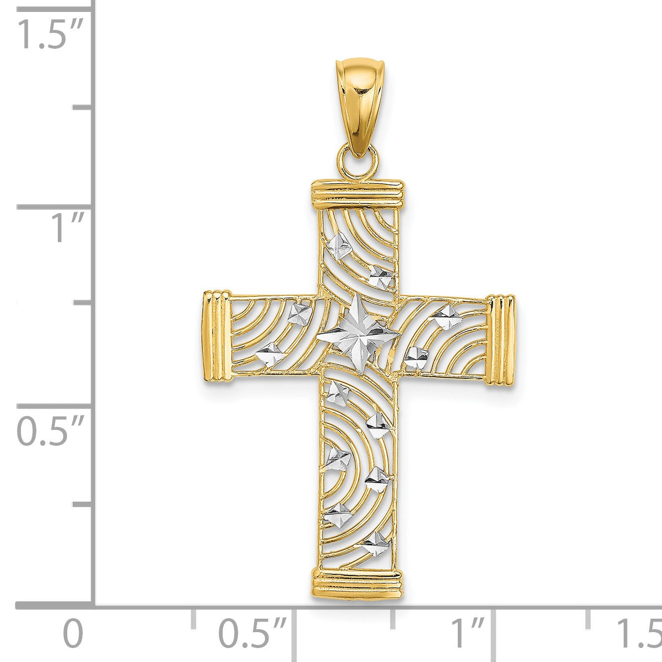 14K and White Rhodium Diamond-cut Stars Cut-Out Cross Charm