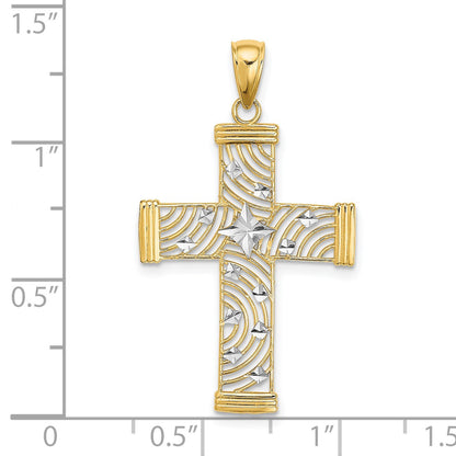 14K and White Rhodium Diamond-cut Stars Cut-Out Cross Charm