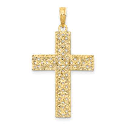 14K and White Rhodium Diamond-cut and Cut-Out Cross Charm