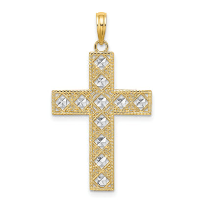 14K and White Rhodium Diamond-cut and Cut-Out Cross Charm