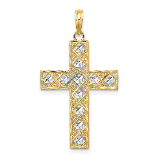 14K and White Rhodium Diamond-cut and Cut-Out Cross Charm