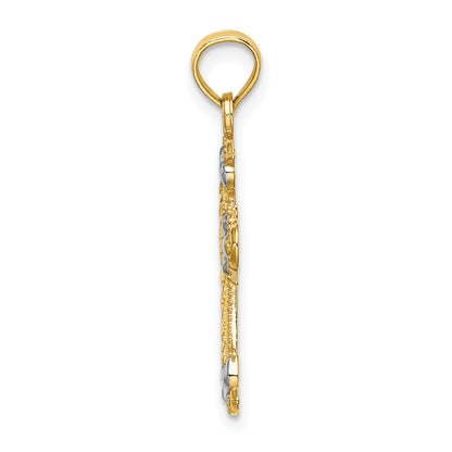 14K with Rhodium Diamond-cut Fleur-De-Lis Cross Charm