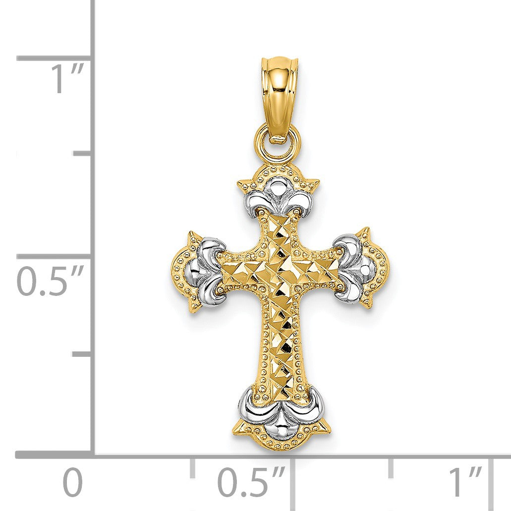 14K with Rhodium Diamond-cut Fleur-De-Lis Cross Charm