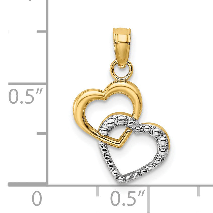 14k and White Rhodium Polished and Textured Intertwined Hearts Charm