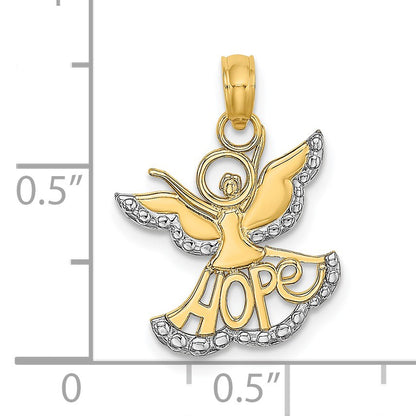 14K and White Rhodium Polished and Textured Cut-Out HOPE Angel Charm