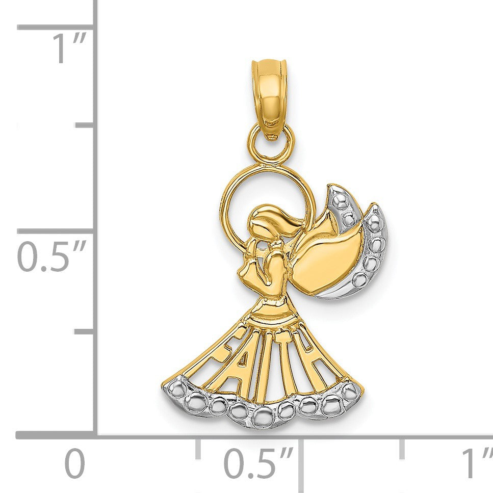 14K and White Rhodium Polished and Textured FAITH Angel Pendant