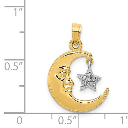 14k Two-Tone Polished Half Moon and Dangle Star Pendant