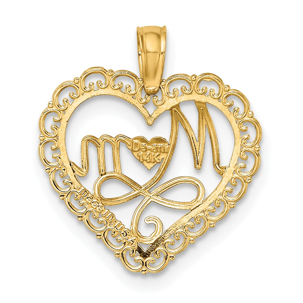 14k with White Rhodium Cut-Out MOM In Scalloped Heart Charm
