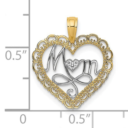 14k with White Rhodium Cut-Out MOM In Scalloped Heart Charm