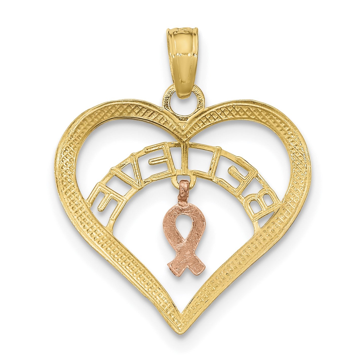 14k Two-tone with White Rhodium BELIEVE in Heart with Awareness Ribbon Pendant