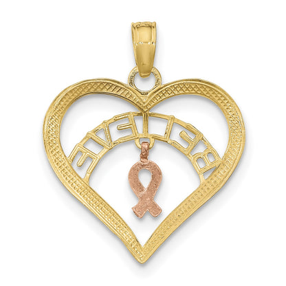 14k Two-tone with White Rhodium BELIEVE in Heart with Awareness Ribbon Pendant