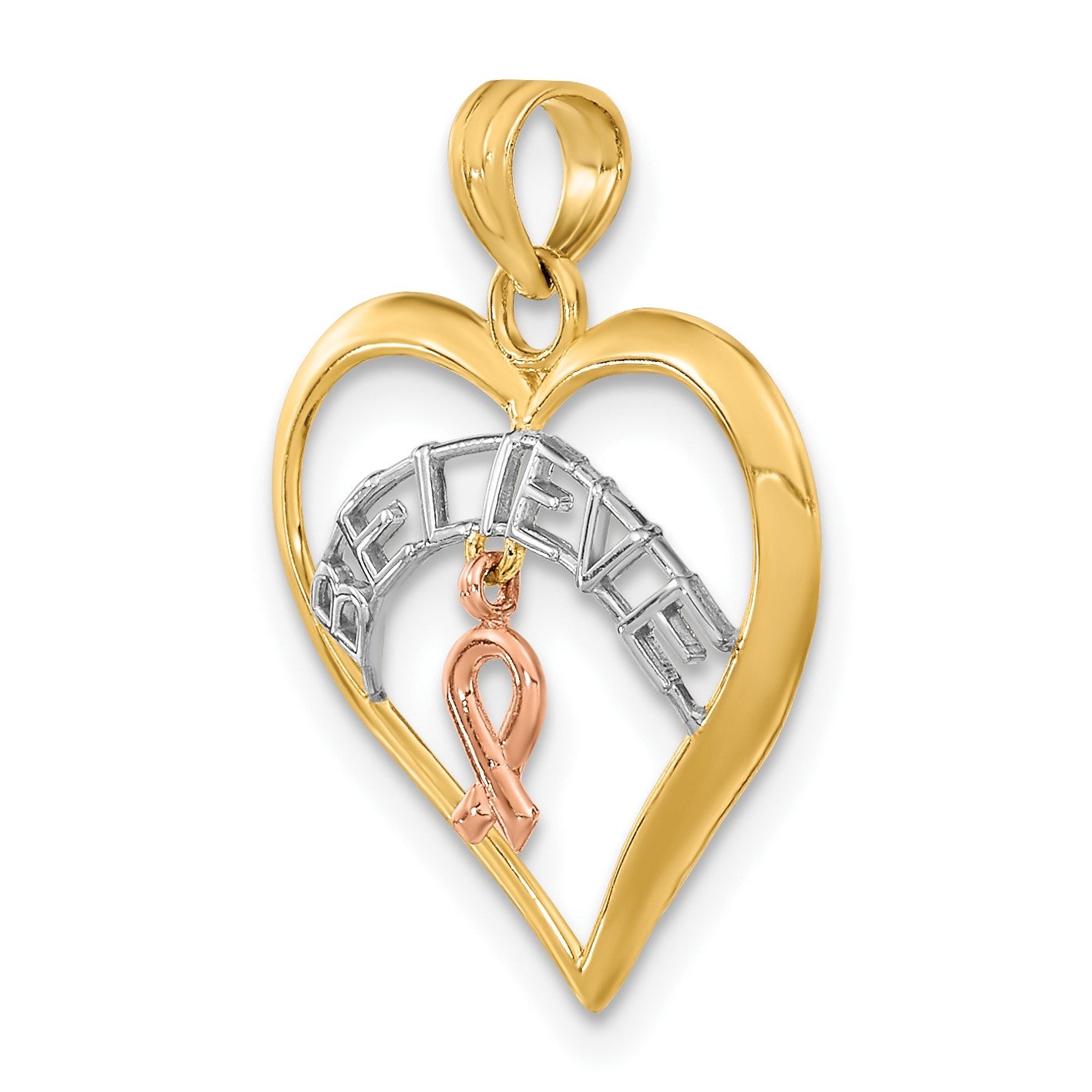 14k Two-tone with White Rhodium BELIEVE in Heart with Awareness Ribbon Pendant