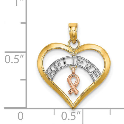 14k Two-tone with White Rhodium BELIEVE in Heart with Awareness Ribbon Pendant