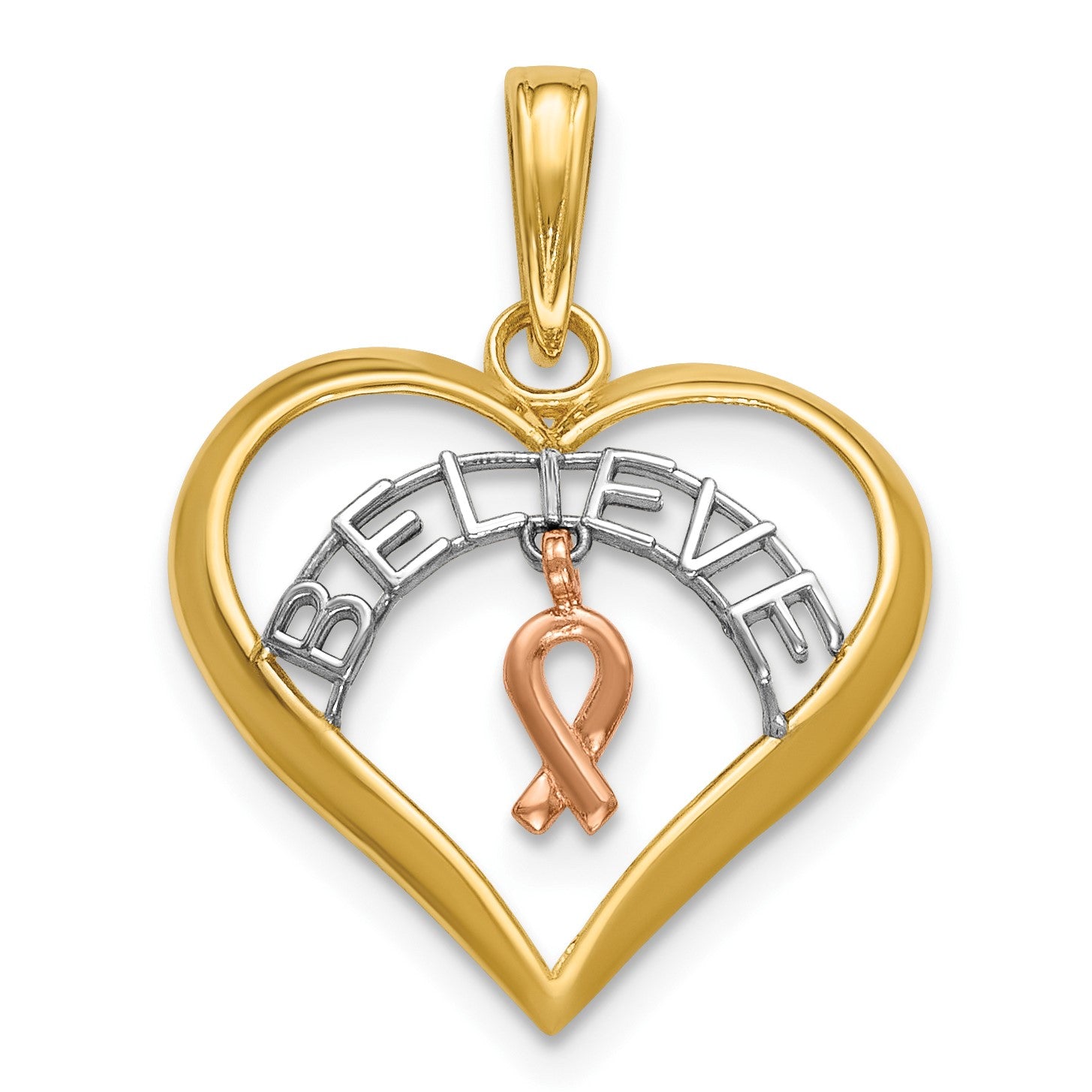 14k Two-tone with White Rhodium BELIEVE in Heart with Awareness Ribbon Pendant