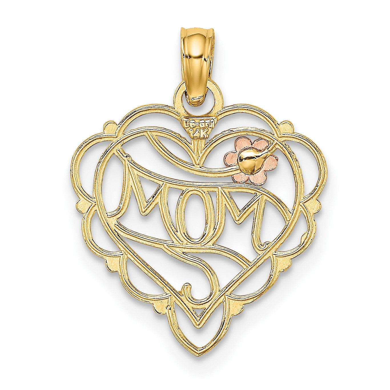 14k Two-Tone with White Rhodium MOM Heart with Flower Charm