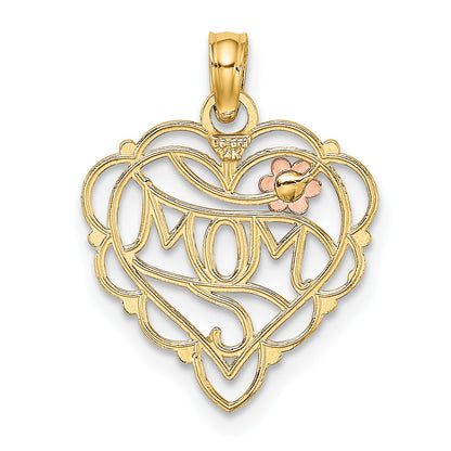 14k Two-Tone with White Rhodium MOM Heart with Flower Charm