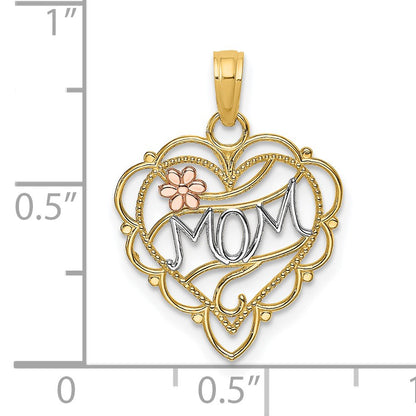 14k Two-Tone with White Rhodium MOM Heart with Flower Charm