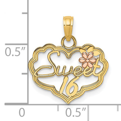 14k Two-Tone SWEET 16 Heart with Flower Charm