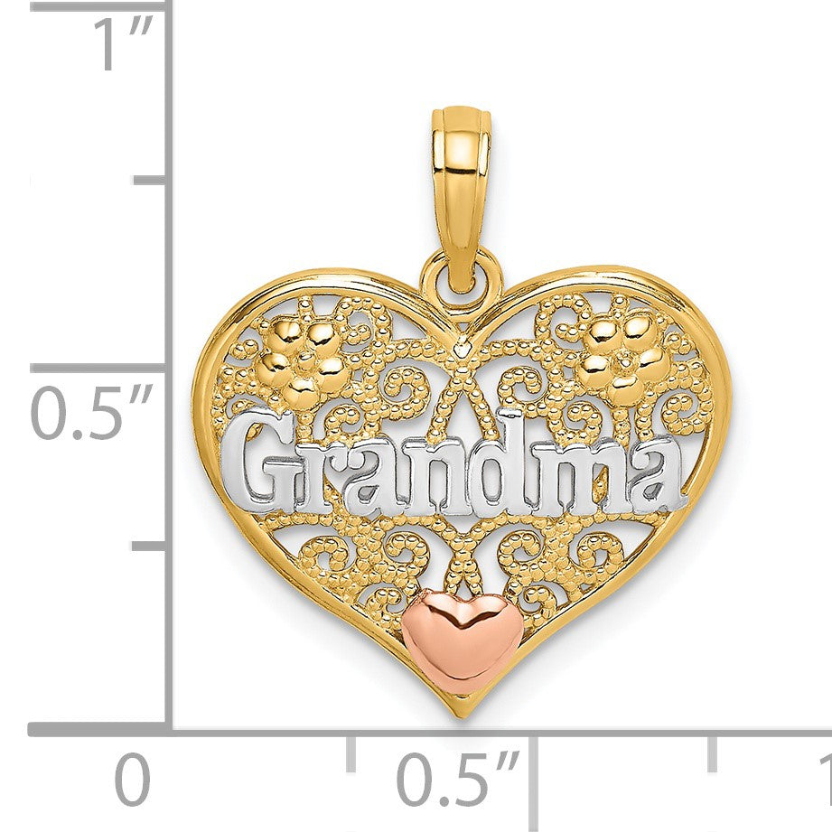 14k Two-tone with White Rhodium GRANDMA In Filigree Heart Charm