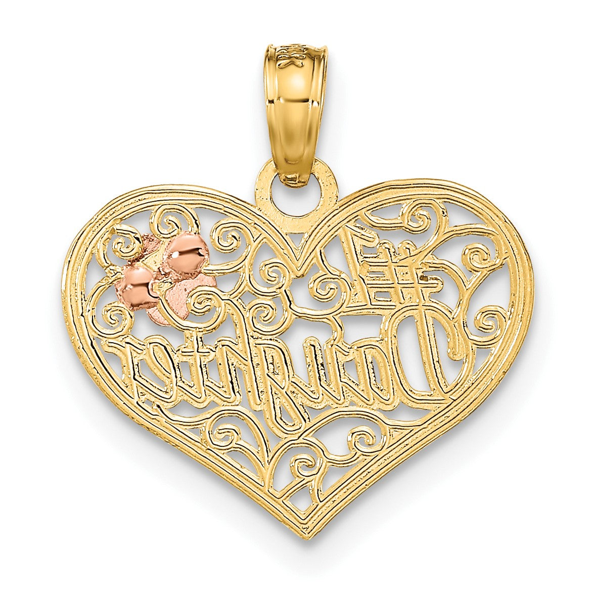 14k Two-tone with White Rhodium #1 DAUGHTER In Heart with Flowers Charm