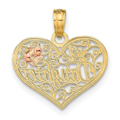 14k Two-tone with White Rhodium #1 DAUGHTER In Heart with Flowers Charm