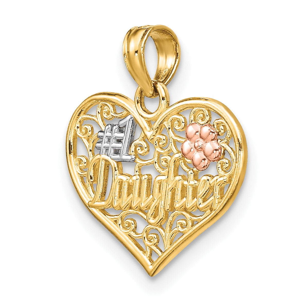 14k Two-tone with White Rhodium #1 DAUGHTER In Heart with Flowers Charm