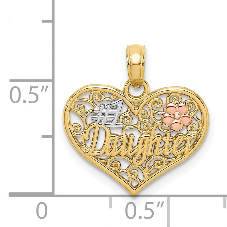 14k Two-tone with White Rhodium #1 DAUGHTER In Heart with Flowers Charm