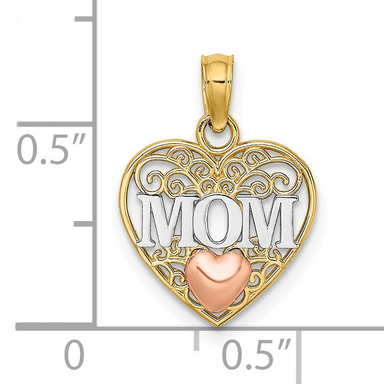 14K Two-tone with White Rhodium Polished MOM in Heart Pendant