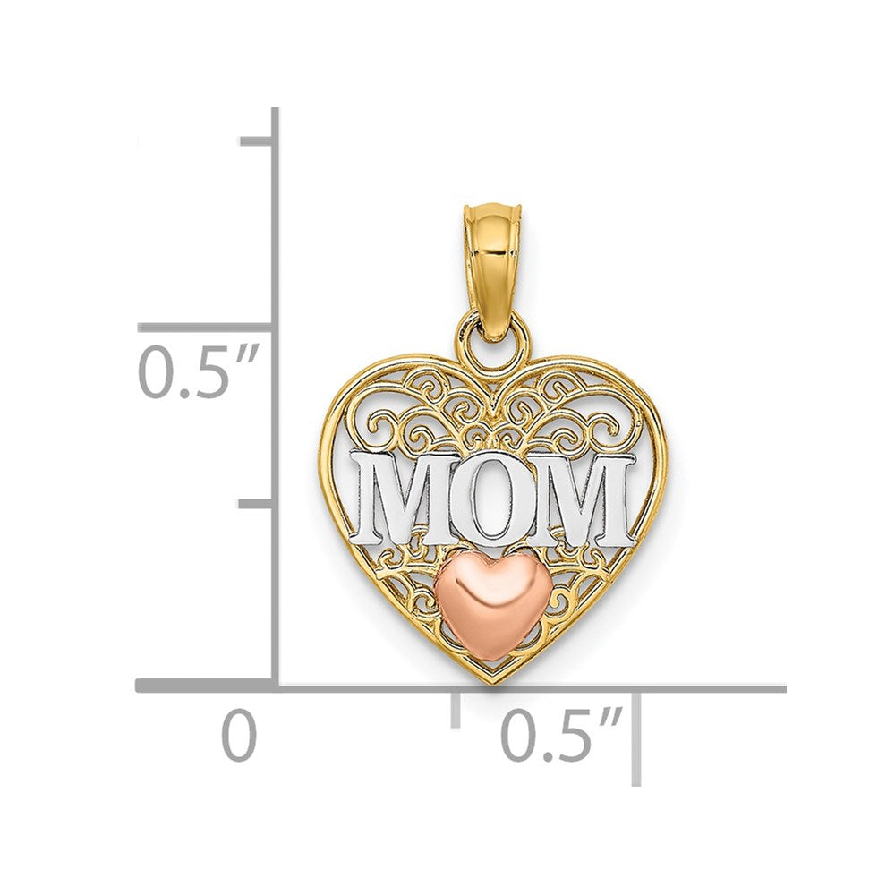 14K Two-tone w/White Rhodium Polished MOM  in Heart Pendant