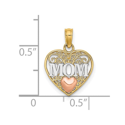 14K Two-tone w/White Rhodium Polished MOM  in Heart Pendant