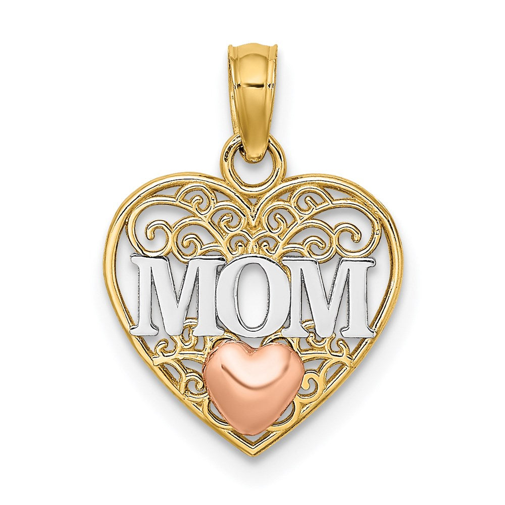 14K Two-tone w/White Rhodium Polished MOM  in Heart Pendant