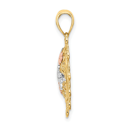 14k Two-tone and White Rhodium I LOVE YOU Filigree Heart with Flowers Charm