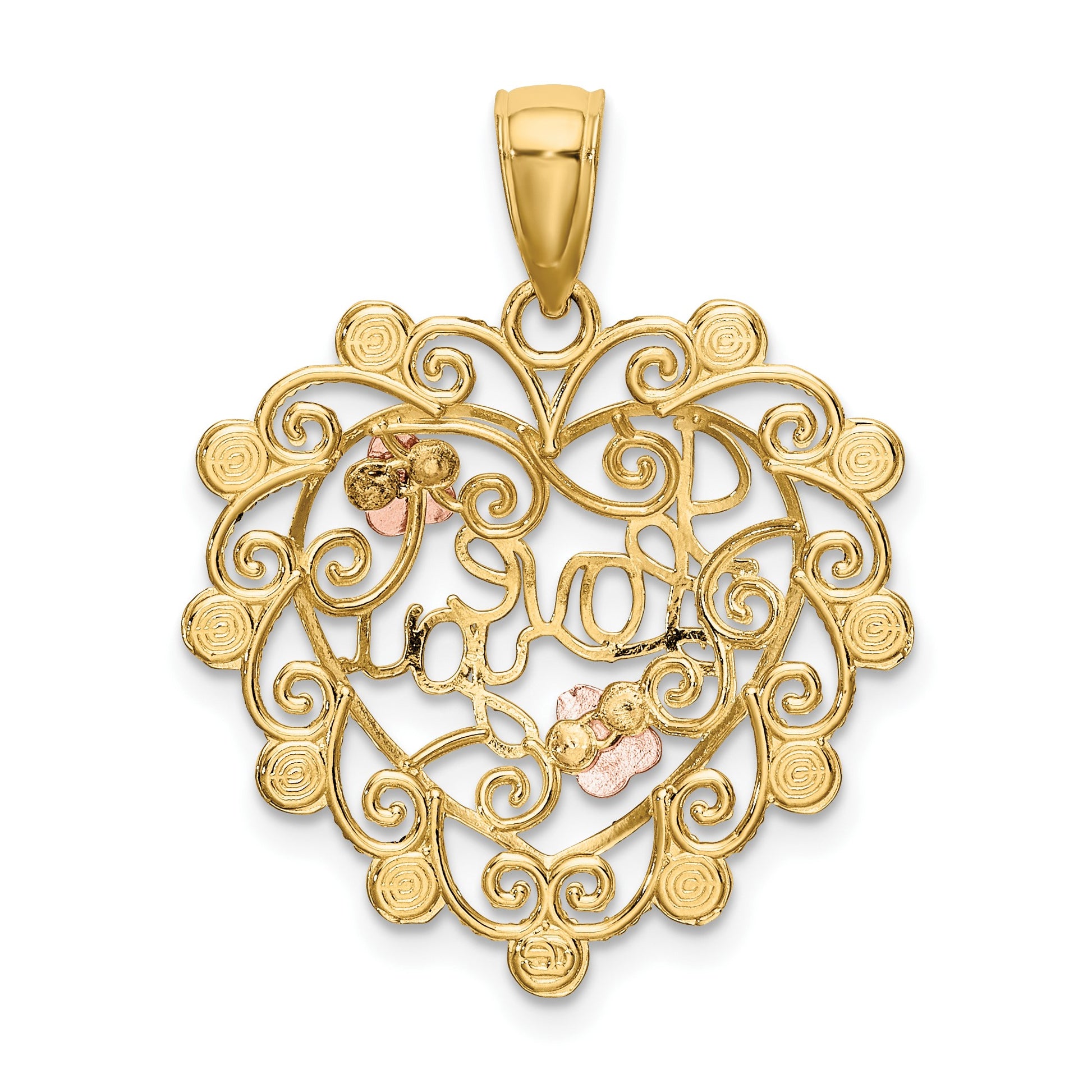 14k Two-tone and White Rhodium I LOVE YOU Filigree Heart with Flowers Charm