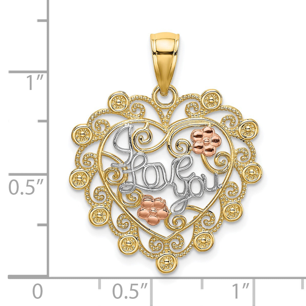 14k Two-tone and White Rhodium I LOVE YOU Filigree Heart with Flowers Charm
