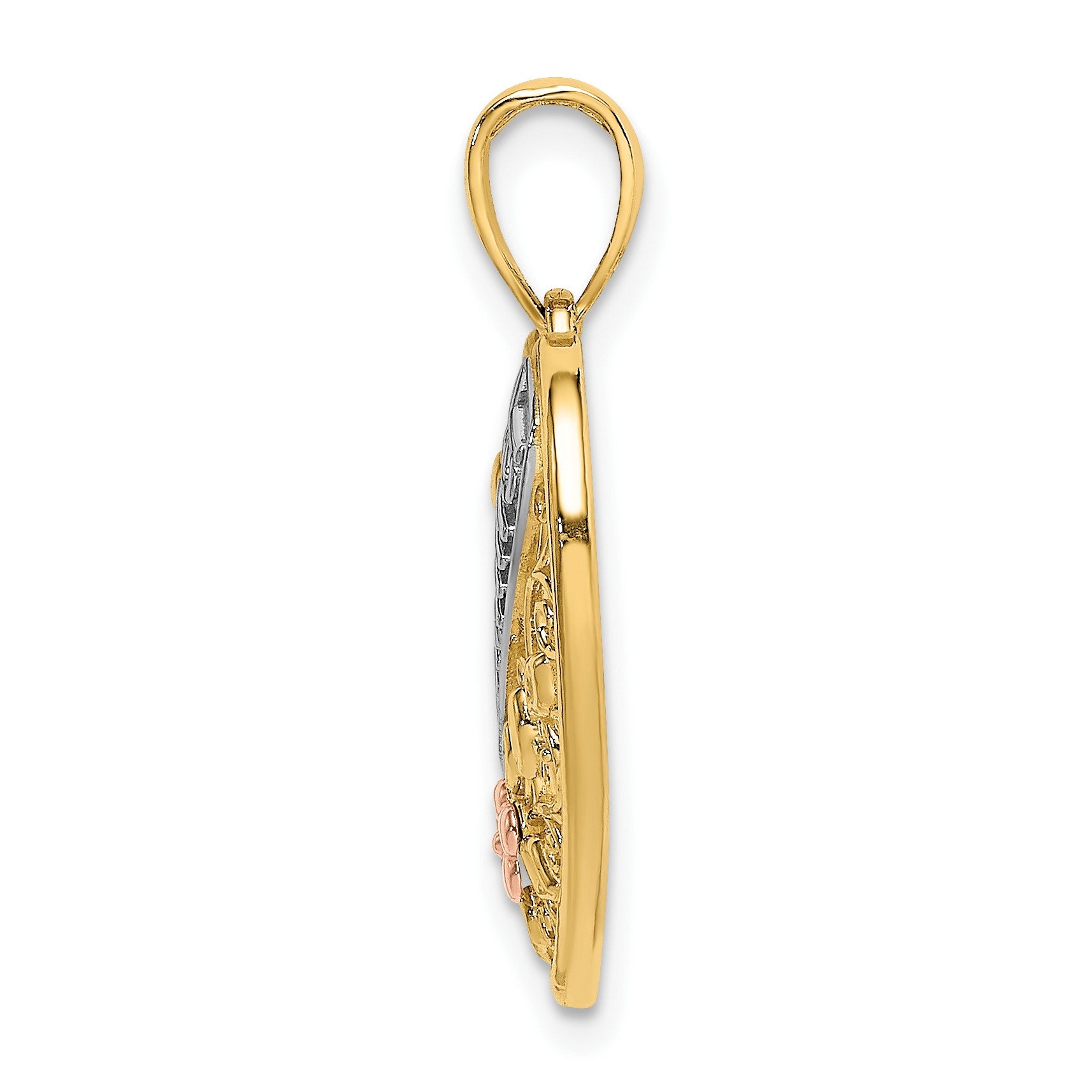 14k Two-tone with White Rhodium GRANDMA In Filigree Heart with Flowers Charm