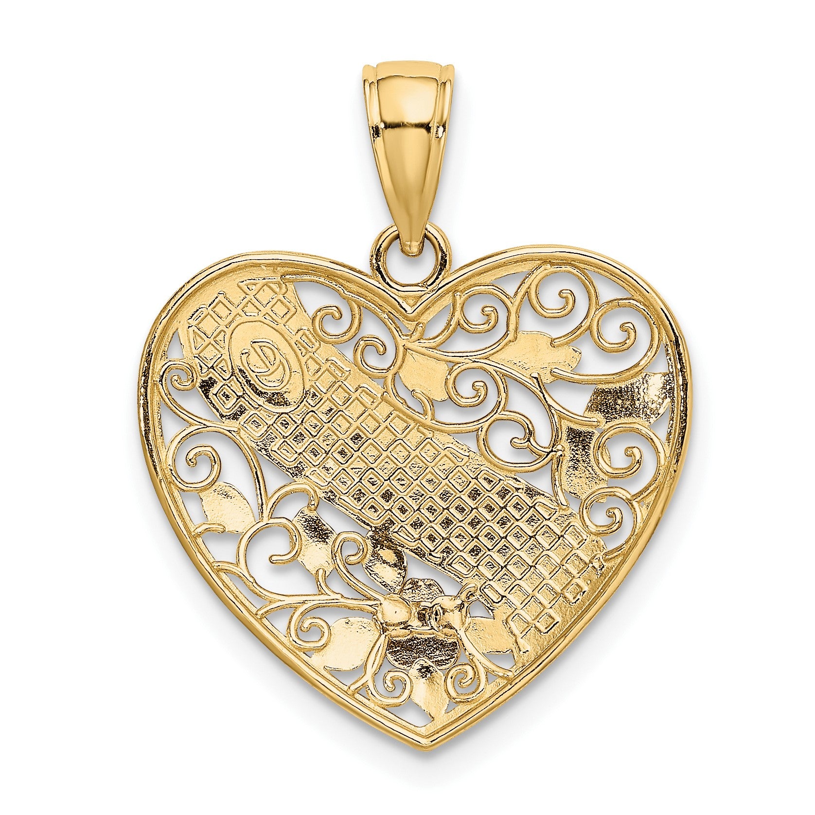 14k Two-tone with White Rhodium GRANDMA In Filigree Heart with Flowers Charm
