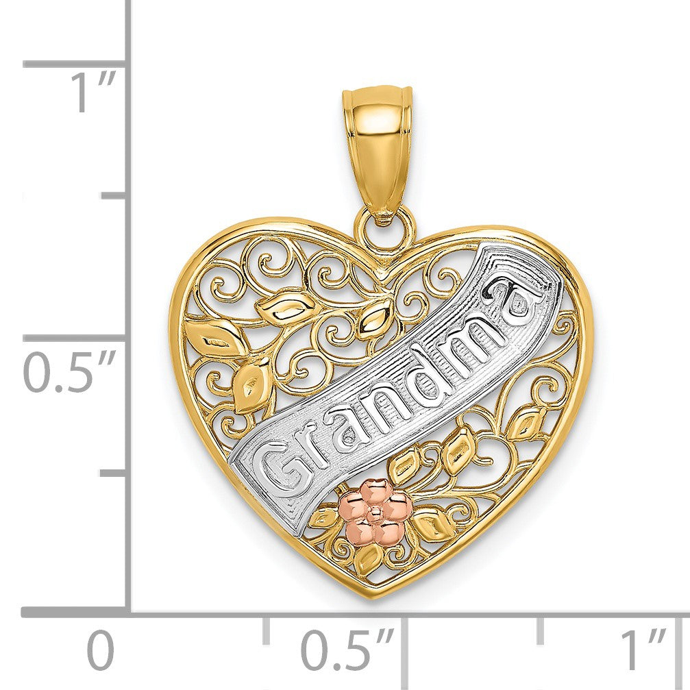 14k Two-tone with White Rhodium GRANDMA In Filigree Heart with Flowers Charm