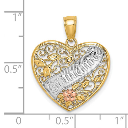 14k Two-tone with White Rhodium GRANDMA In Filigree Heart with Flowers Charm