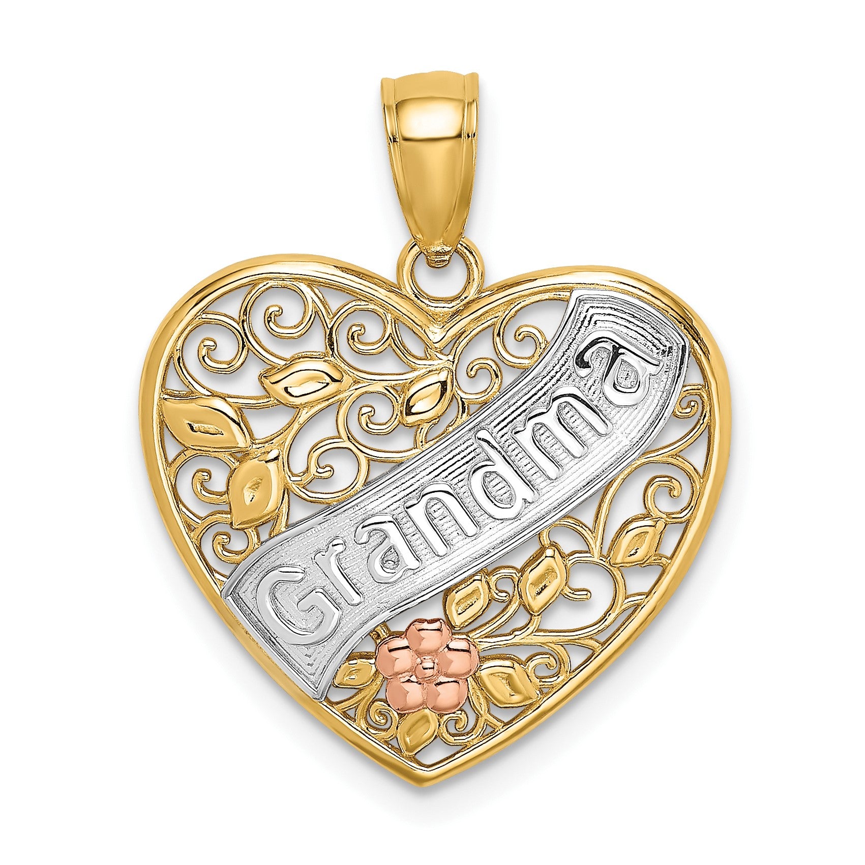 14k Two-tone with White Rhodium GRANDMA In Filigree Heart with Flowers Charm