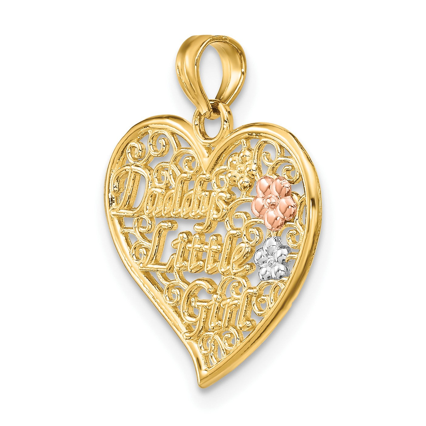 14k Two-tone with White Rhodium DADDYS LITTLE GIRL Filigree Heart Charm