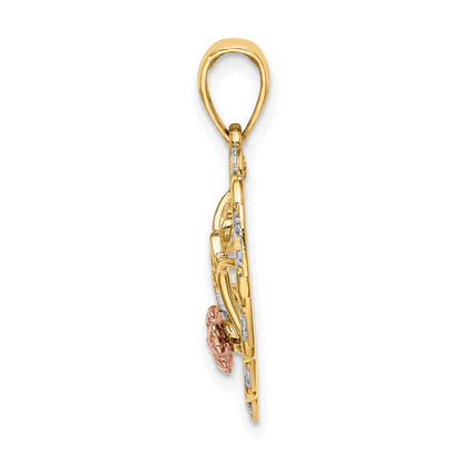 14k Two-one and White Rhodium I LOVE YOU Heart with Flower Charm