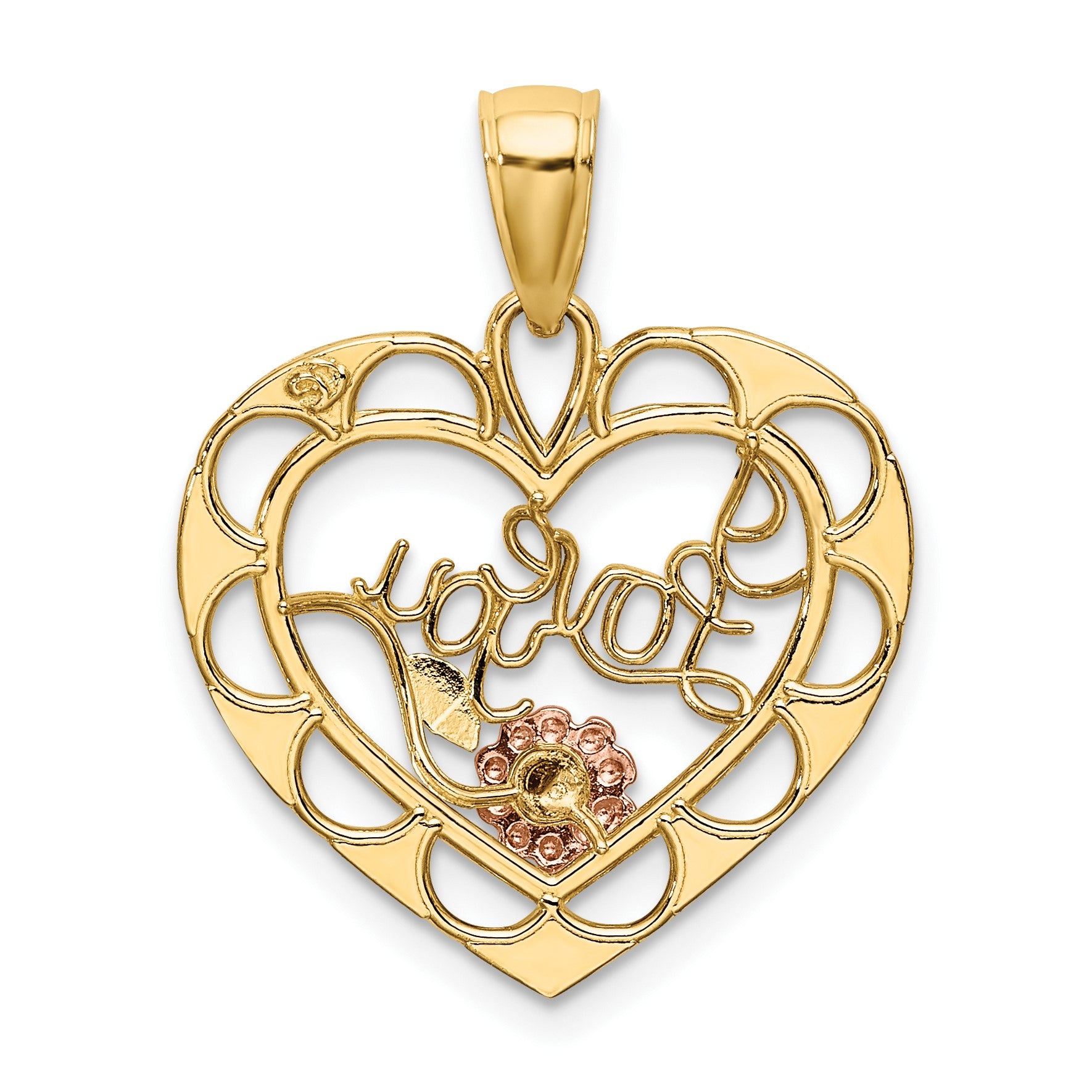 14k Two-one and White Rhodium I LOVE YOU Heart with Flower Charm