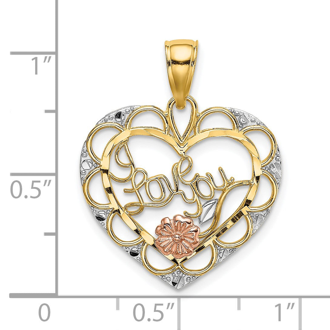 14k Two-one and White Rhodium I LOVE YOU Heart with Flower Charm