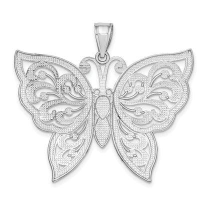 14K White Gold Large Diamond-cut Beaded Butterfly Pendant