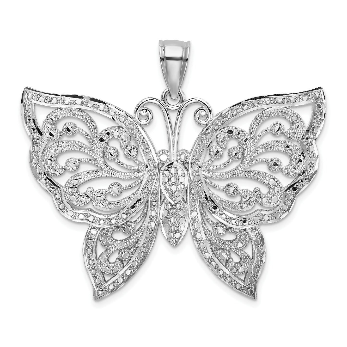 14K White Gold Large Diamond-cut Beaded Butterfly Pendant